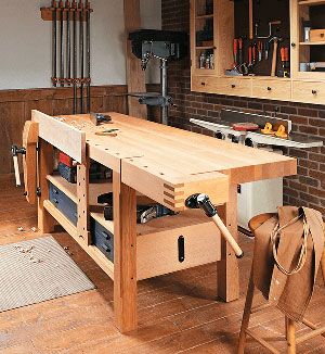 Woodshop table with various woodworking tools.