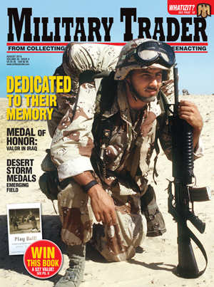 Military Trader magazine cover shot of squatting soldier in brown camo with gear.